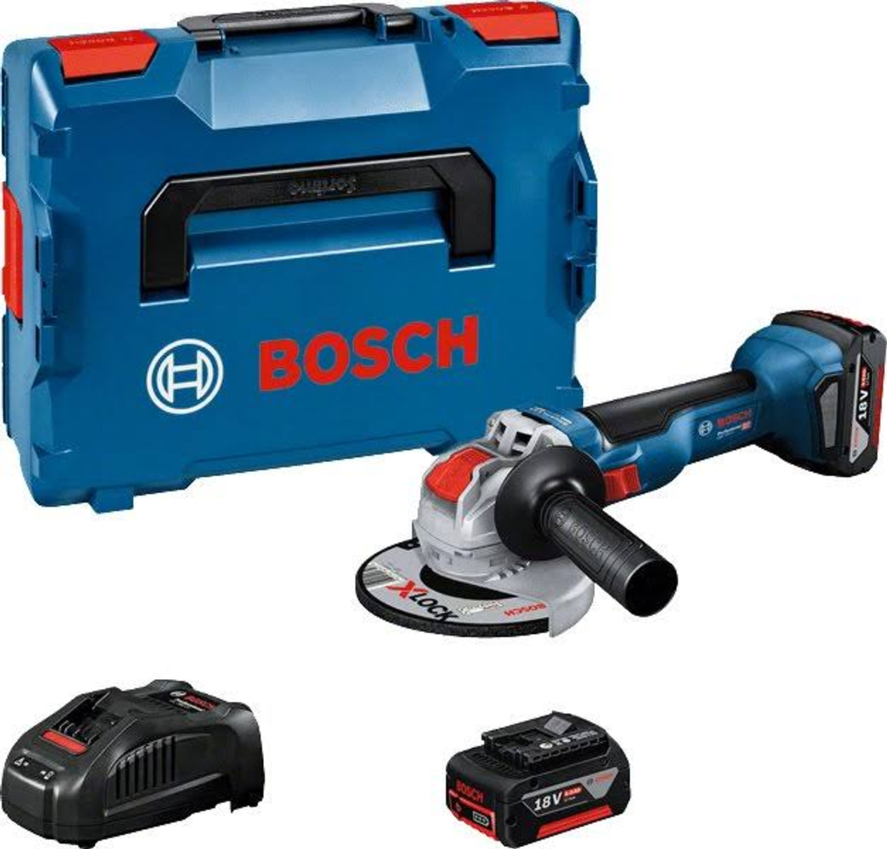 Amoladora Bosch con accesorios. Color azul, negro y rojo. Fondo blanco.