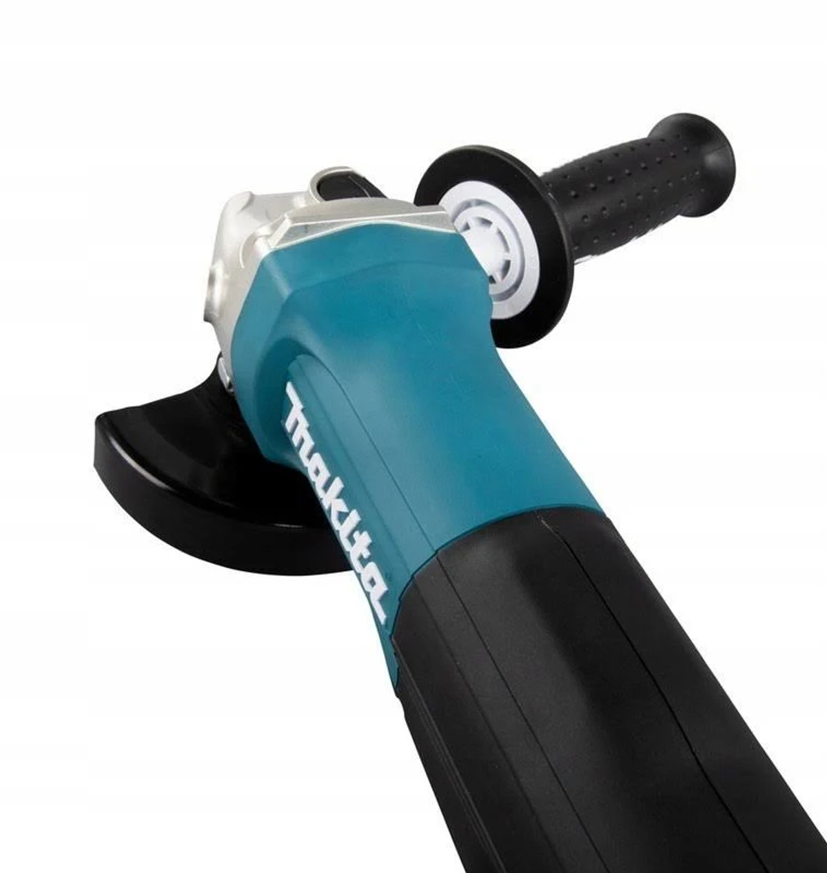 Una amoladora angular Makita. La herramienta es turquesa y negra, con el logo de Makita en el lateral.