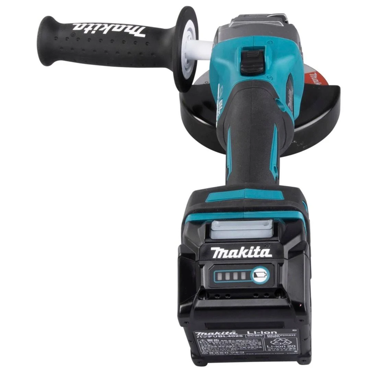 Amoladora angular Makita negra y verde azulado, vista desde arriba, con batería puesta.