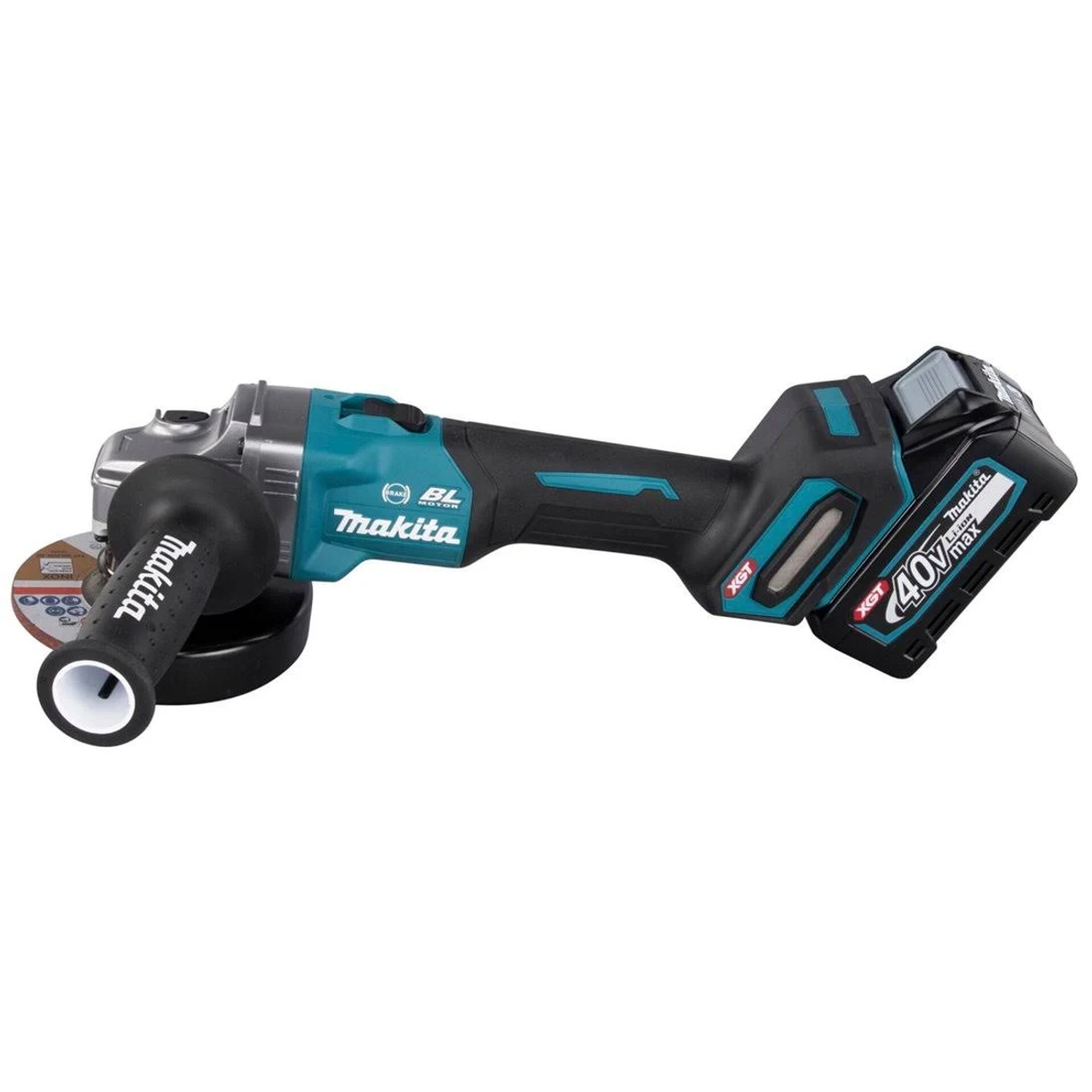 Una amoladora angular Makita, turquesa y negra, con un asa y una batería acoplada.