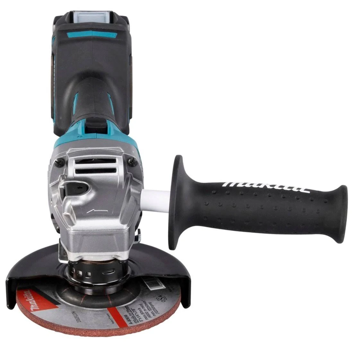Una amoladora angular Makita negra y verde azulado con un disco de esmerilado rojo.