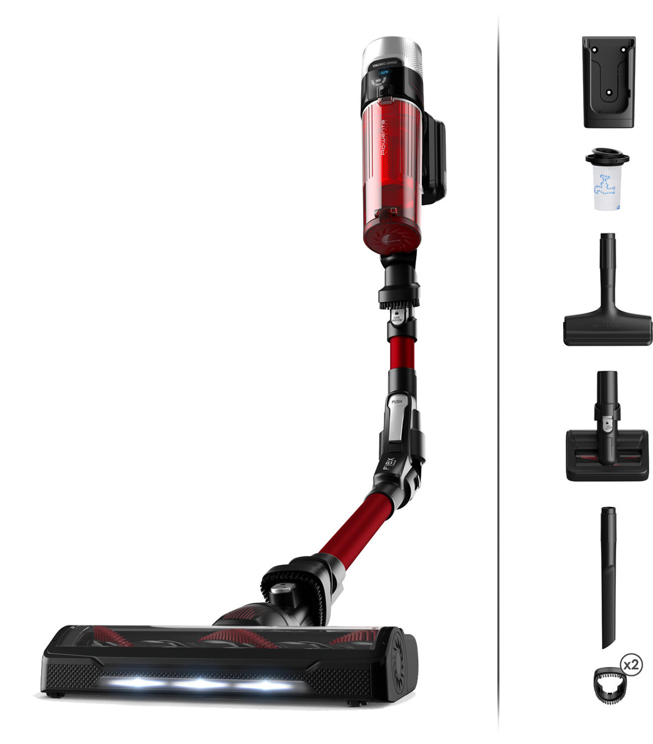 Una aspiradora con un diseño rojo y negro, junto con varios accesorios.
