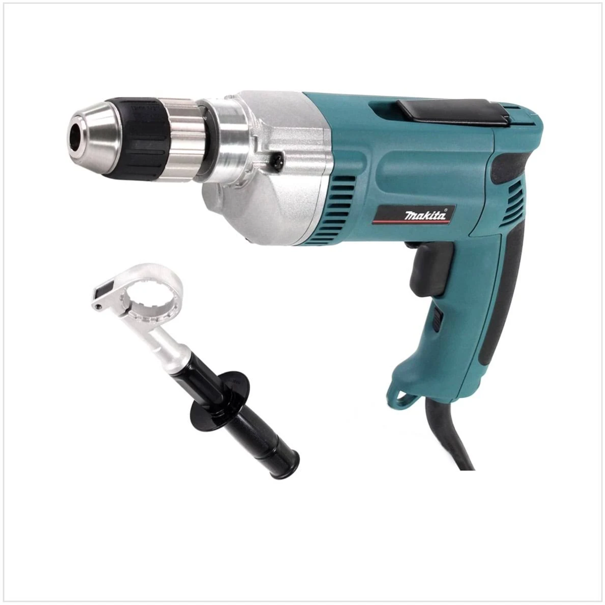 Un taladro Makita de color verde azulado y plateado con un mango negro y un mango negro adicional.