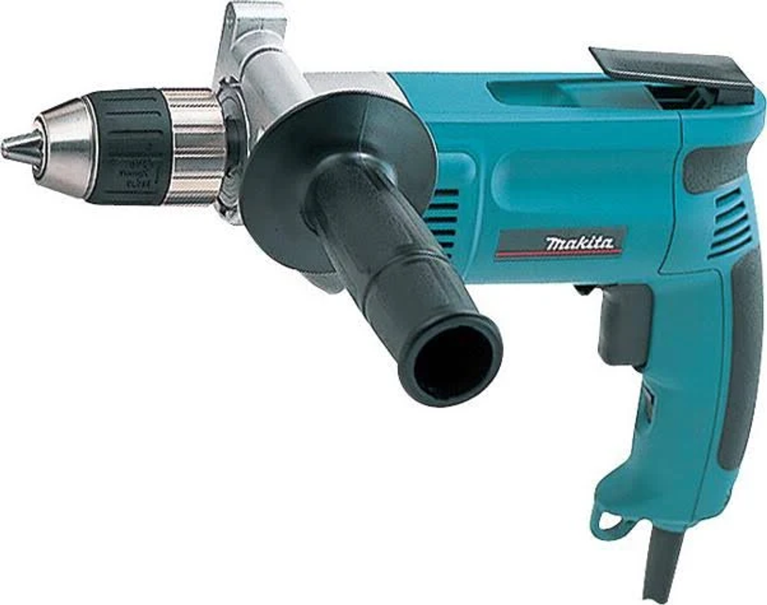 Taladro Makita azul con mango negro, sobre fondo blanco.