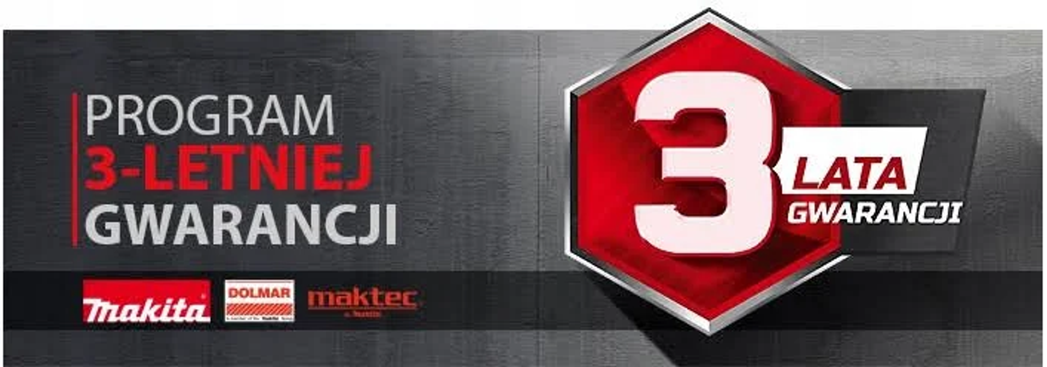 Banner publicitario de Makita, Dolmar y Maktec con 3 años de garantía. Fondo rojo y gris.