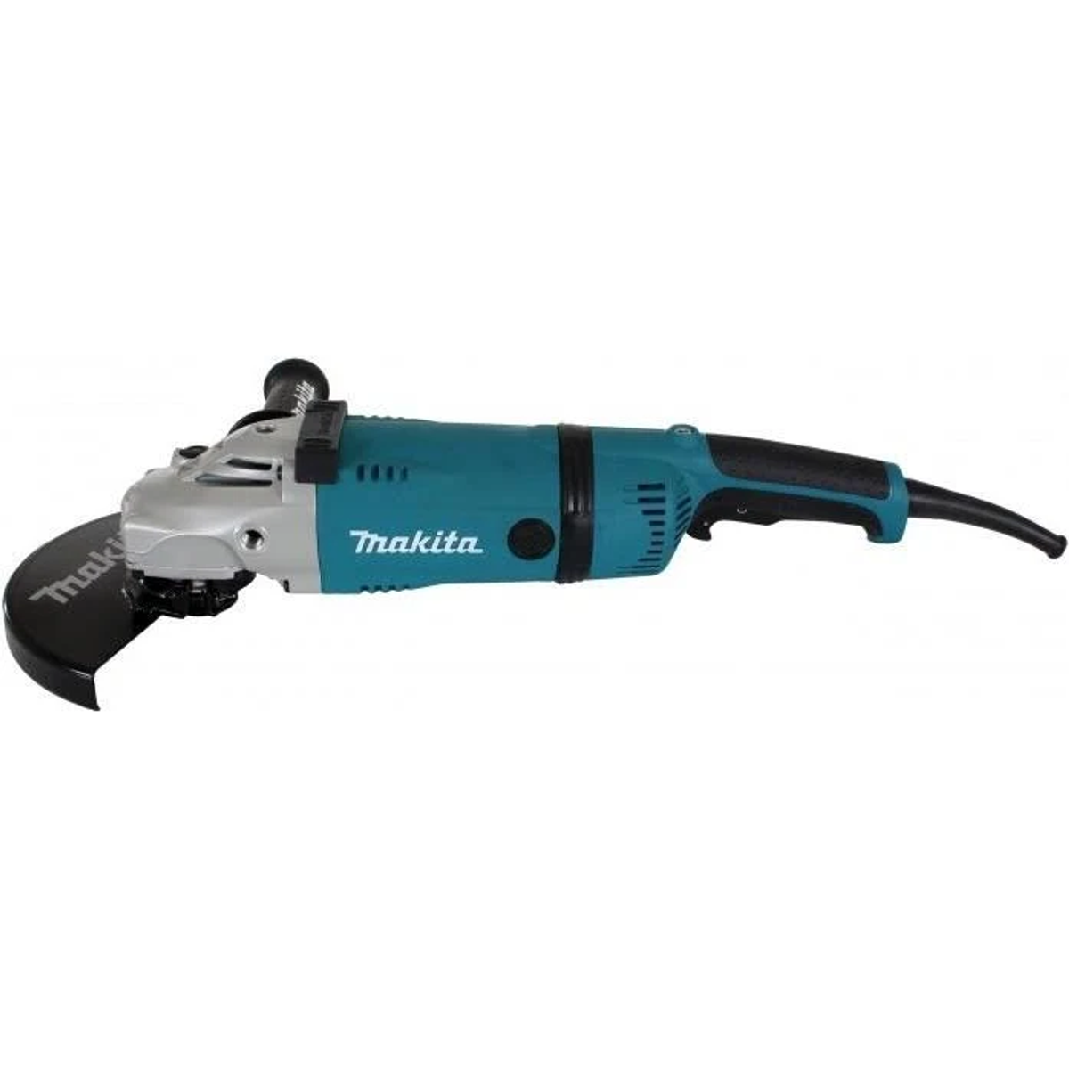 Una amoladora angular Makita turquesa y plateada, con protector negro, sobre fondo blanco.