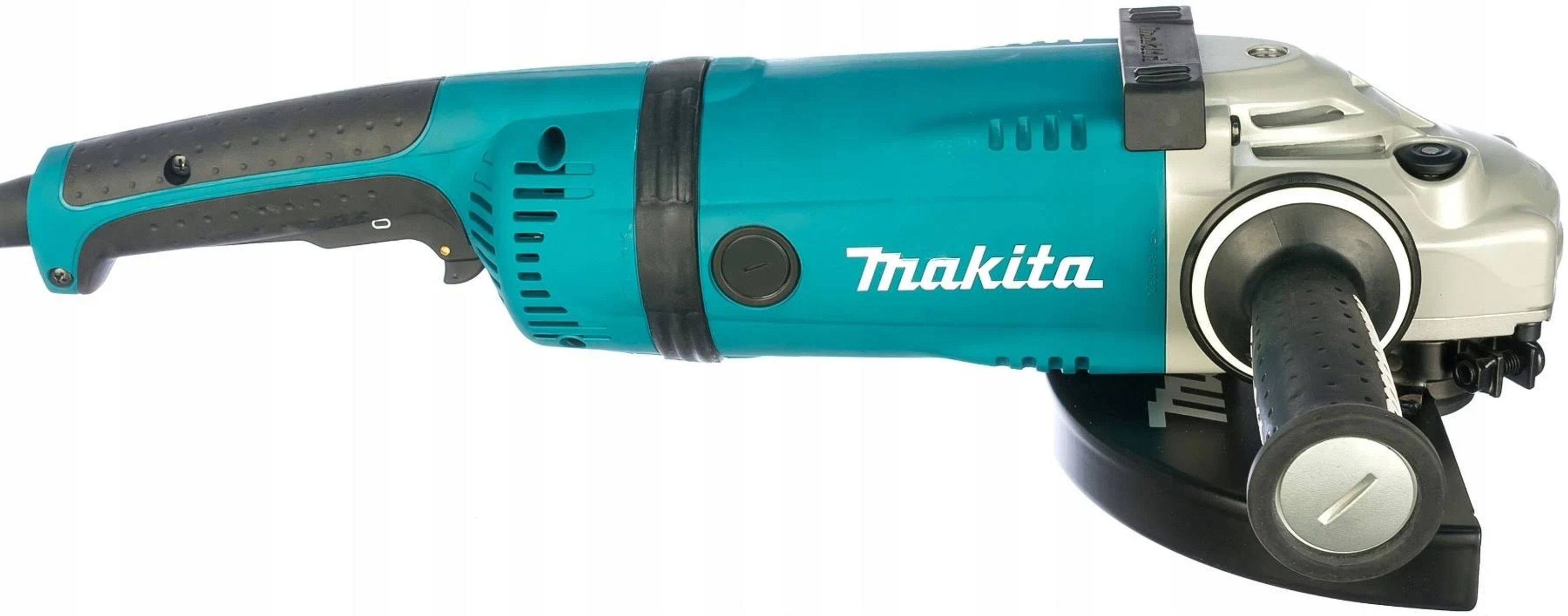 Amoladora Makita, azul verdoso y negra. La herramienta está sobre un fondo blanco. El fondo es blanco.