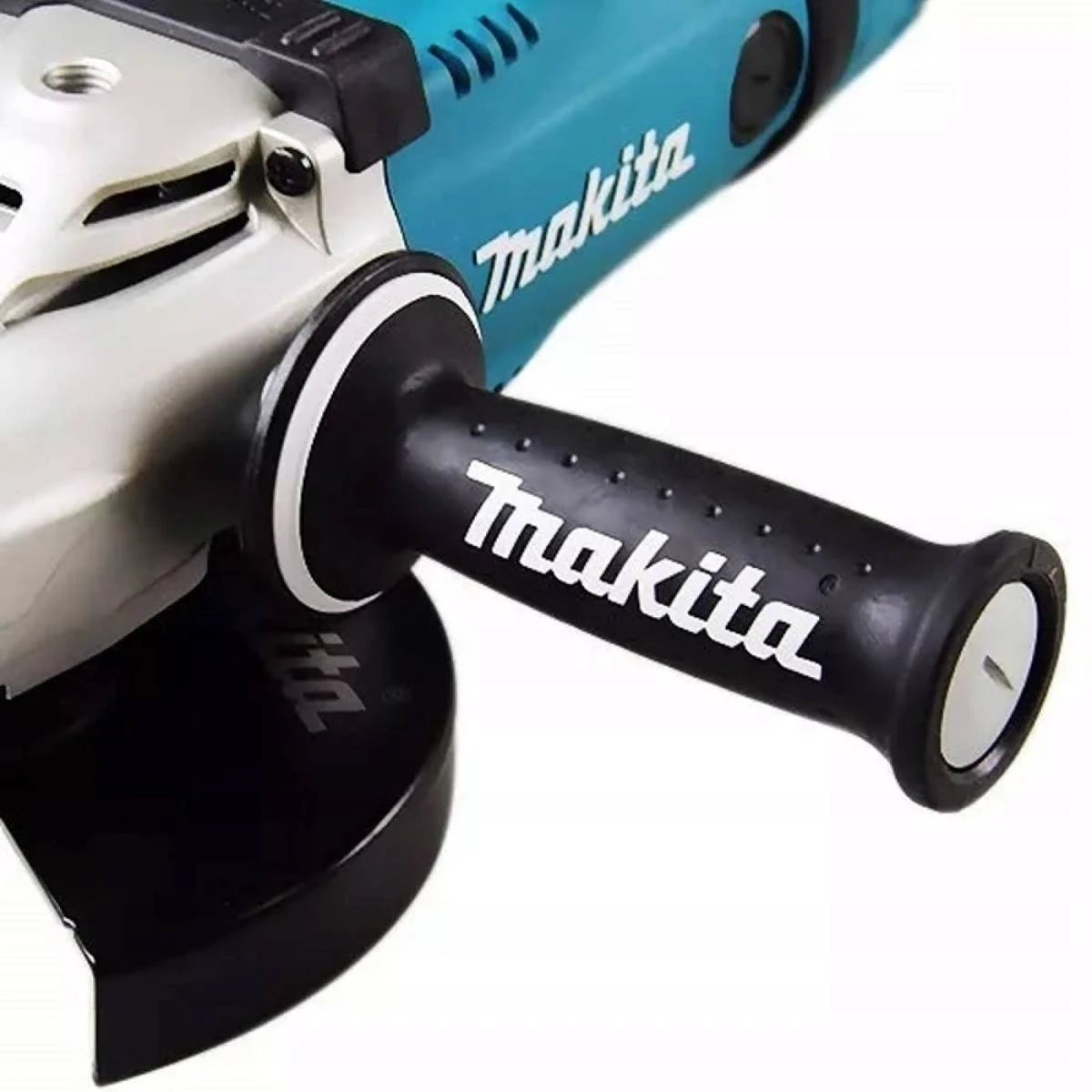 Primer plano de un mango de amoladora angular Makita en blanco y negro con el logotipo de Makita.