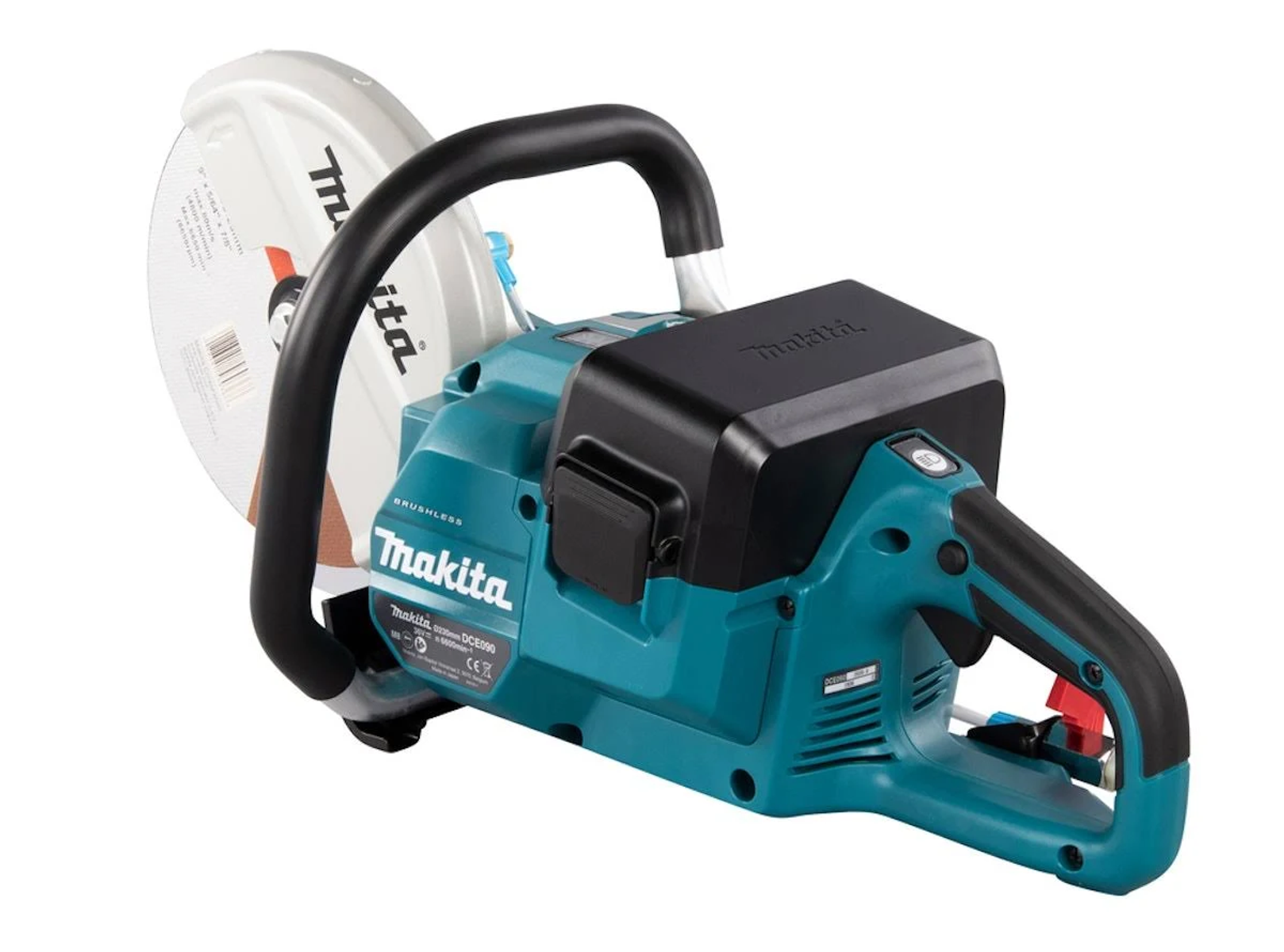 Una sierra de corte Makita color turquesa con un mango negro y un protector de cuchilla plateado. La cuchilla es blanca.
