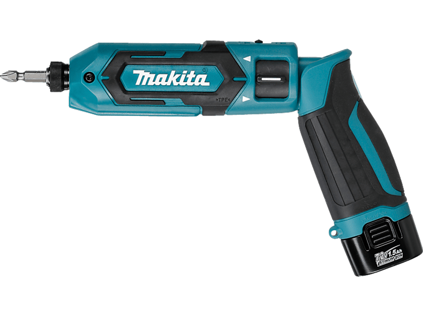 Ein teal-schwarzer Makita Akku-Schrauber mit einem schwarzen Akku.