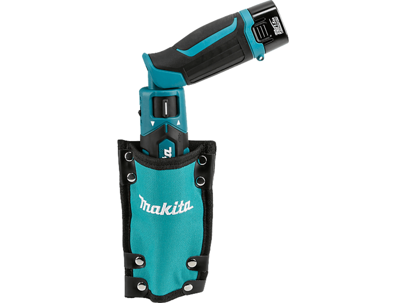 Makita Bohrer in einem türkisfarbenen Holster, schwarzer Hintergrund. Der Bohrer ist türkis und schwarz.