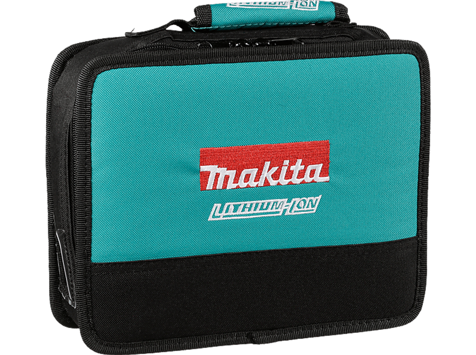 Eine türkisblaue und schwarze Makita Werkzeugtasche mit den Logos Makita und Lithium-Ion.