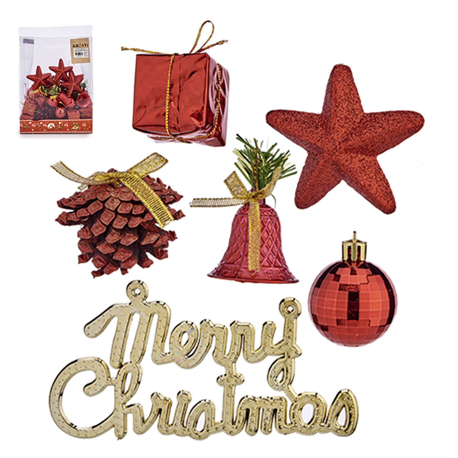 Addobbi natalizi: stella, campana, regalo, pigna, palla e insegna 'Buon Natale', tutto rosso e oro.