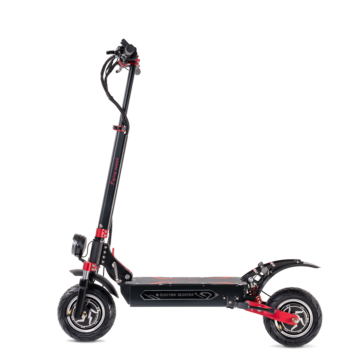 Un patinete eléctrico negro y rojo con un solo faro, un vástago largo y dos ruedas.