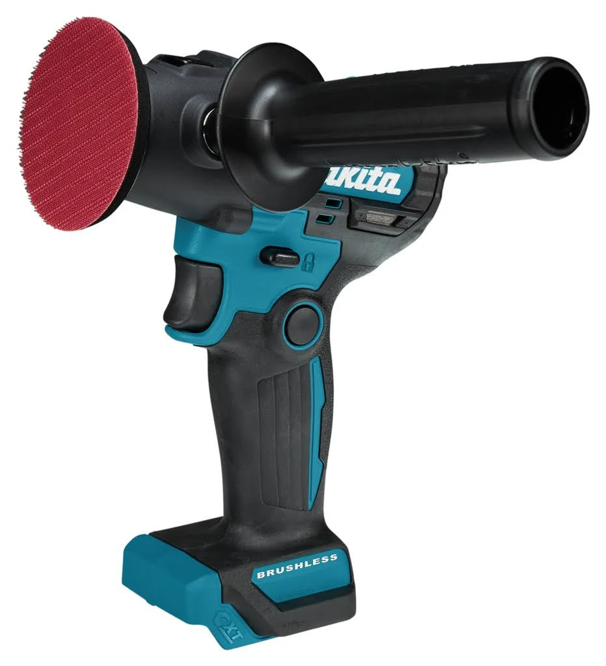 Lucidatrice a batteria Makita, nera e verde acqua. Tampone rosso a sinistra.