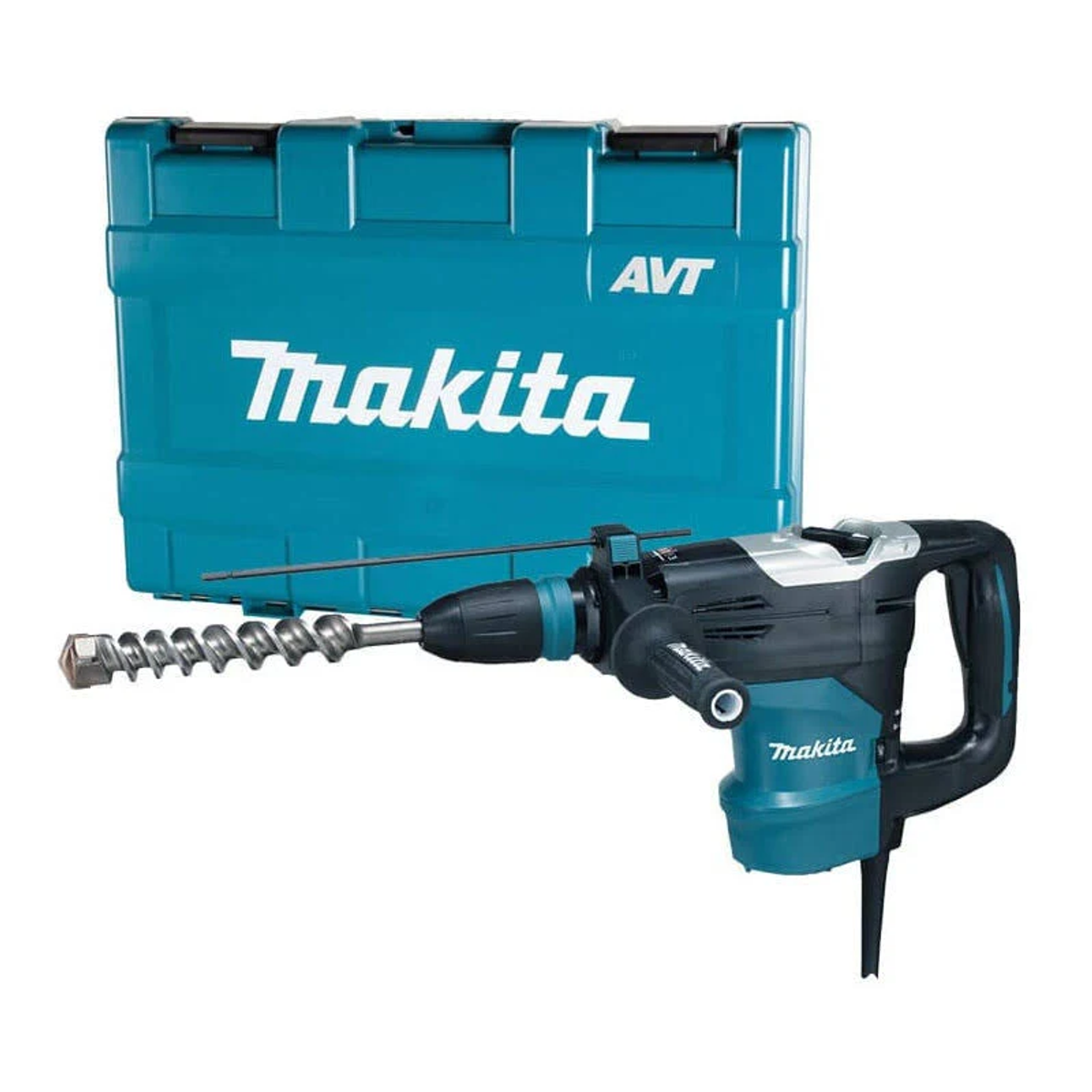 Taladro Makita y estuche de transporte color teal. Taladro es negro y teal. Fondo blanco.
