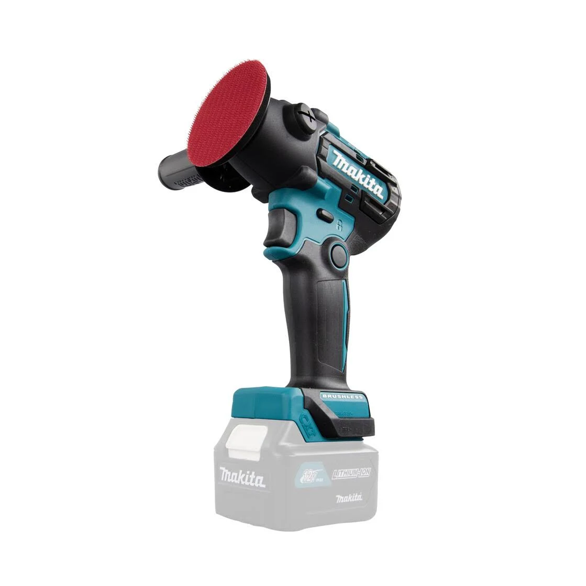 Lucidatrice Makita senza fili con tampone di lucidatura rosso.