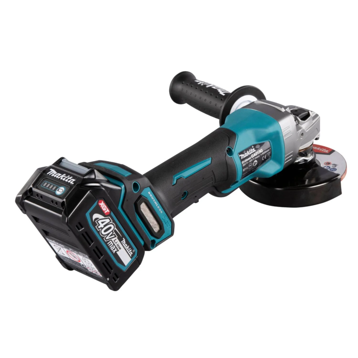 Ein Makita-Winkelschleifer mit Akkupack. Das Werkzeug ist türkis und schwarz und befindet sich auf weißem Hintergrund.