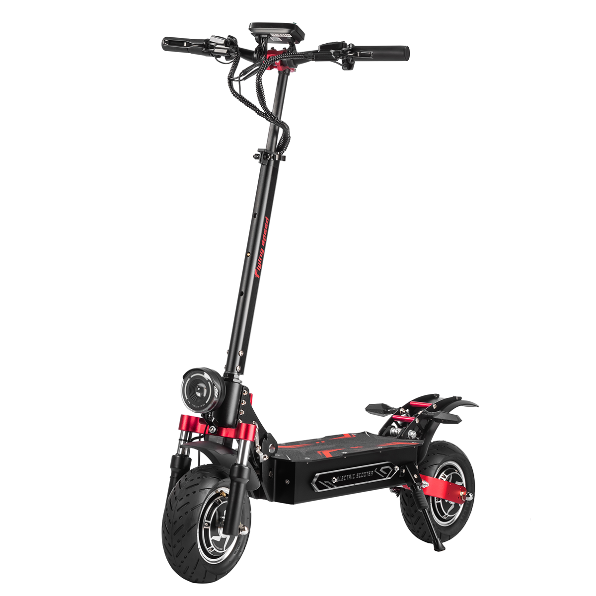Scooter eléctrico negro y rojo sobre fondo blanco.
