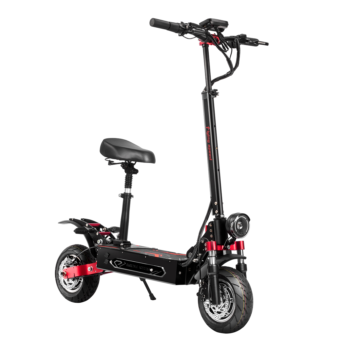 Un scooter eléctrico con asiento, detalles en rojo y marco negro.