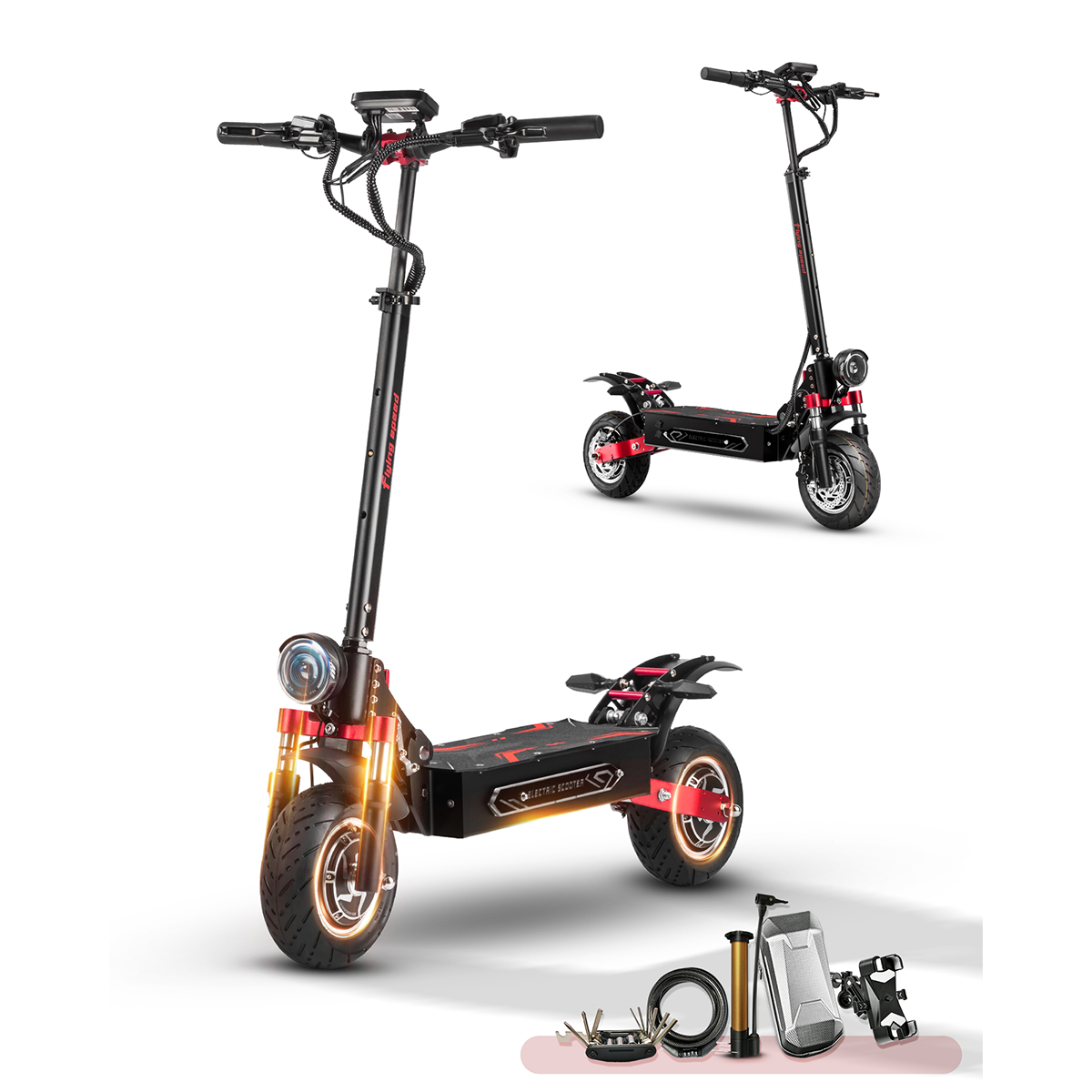 Dos patinetes eléctricos. Uno enfocado, rojo/negro. El otro es más pequeño, al fondo.
