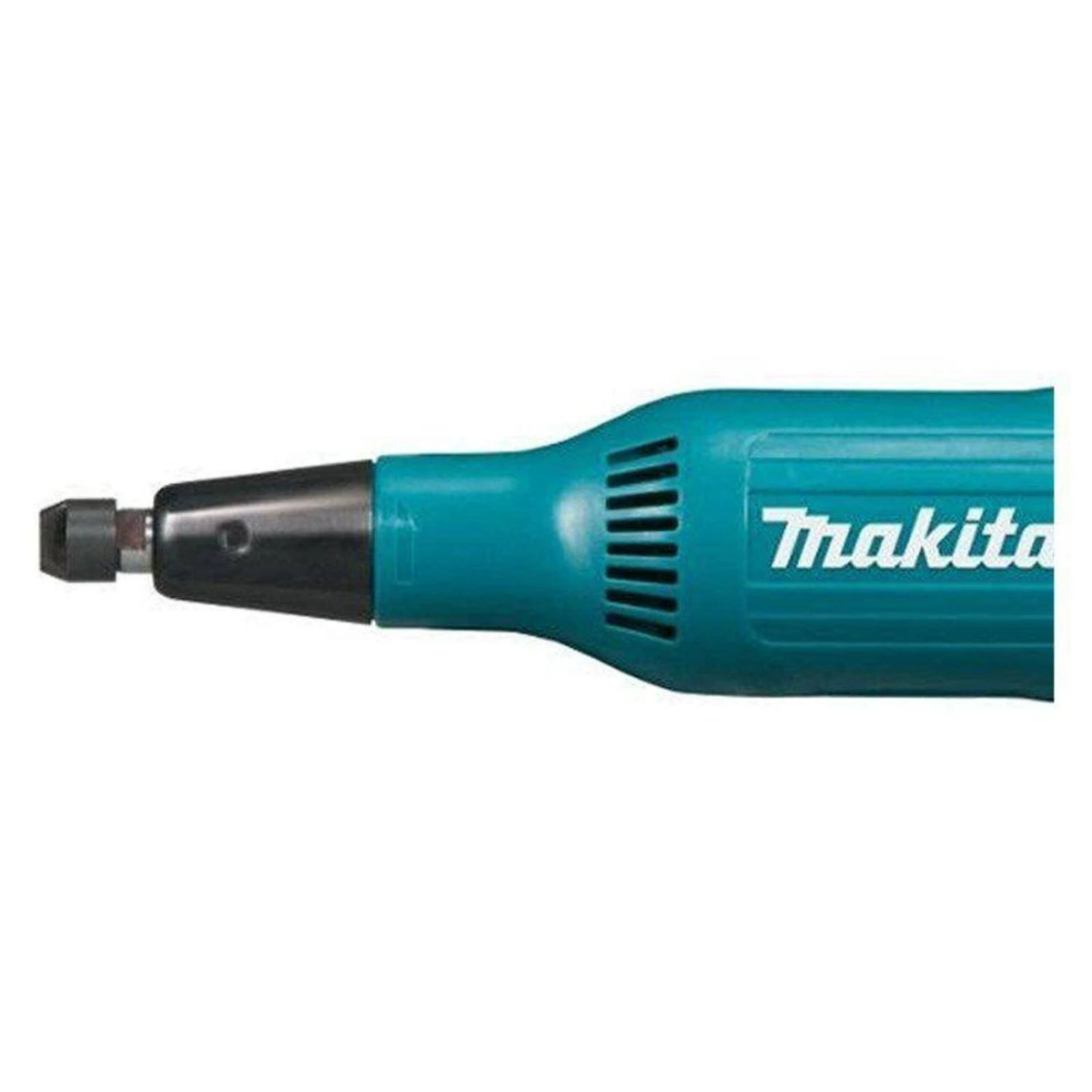 Herramienta Makita turquesa y negra con una broca adjunta. El logotipo de Makita es visible. Fondo blanco.
