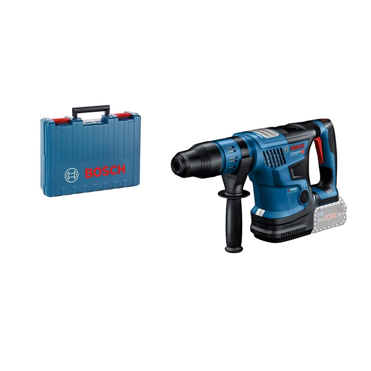 Un taladro Bosch y una caja de herramientas Bosch azul. El taladro es azul y negro.