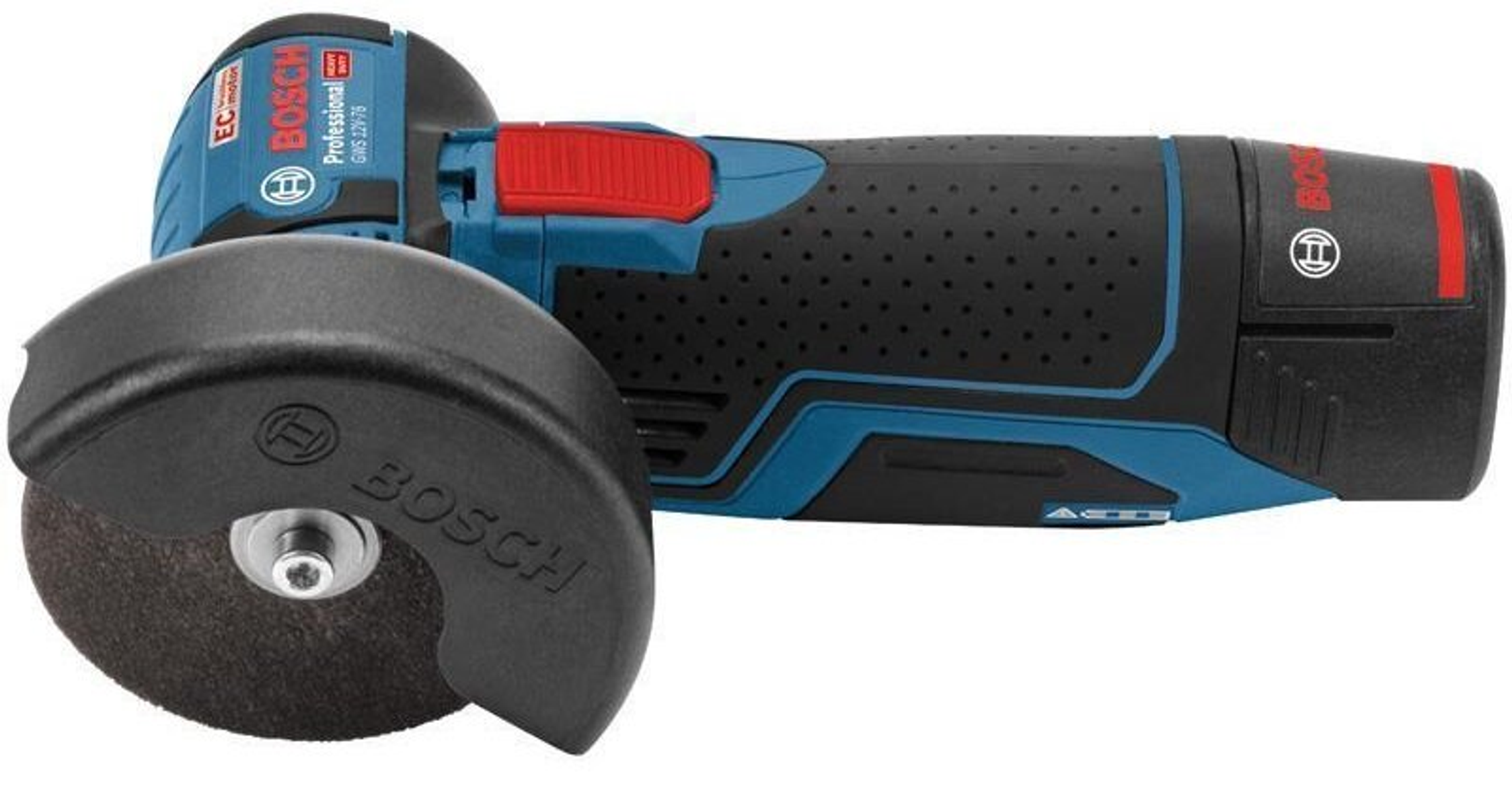 Niebieska i czarna szlifierka kątowa Bosch z czarną osłoną i tarczą szlifierską.