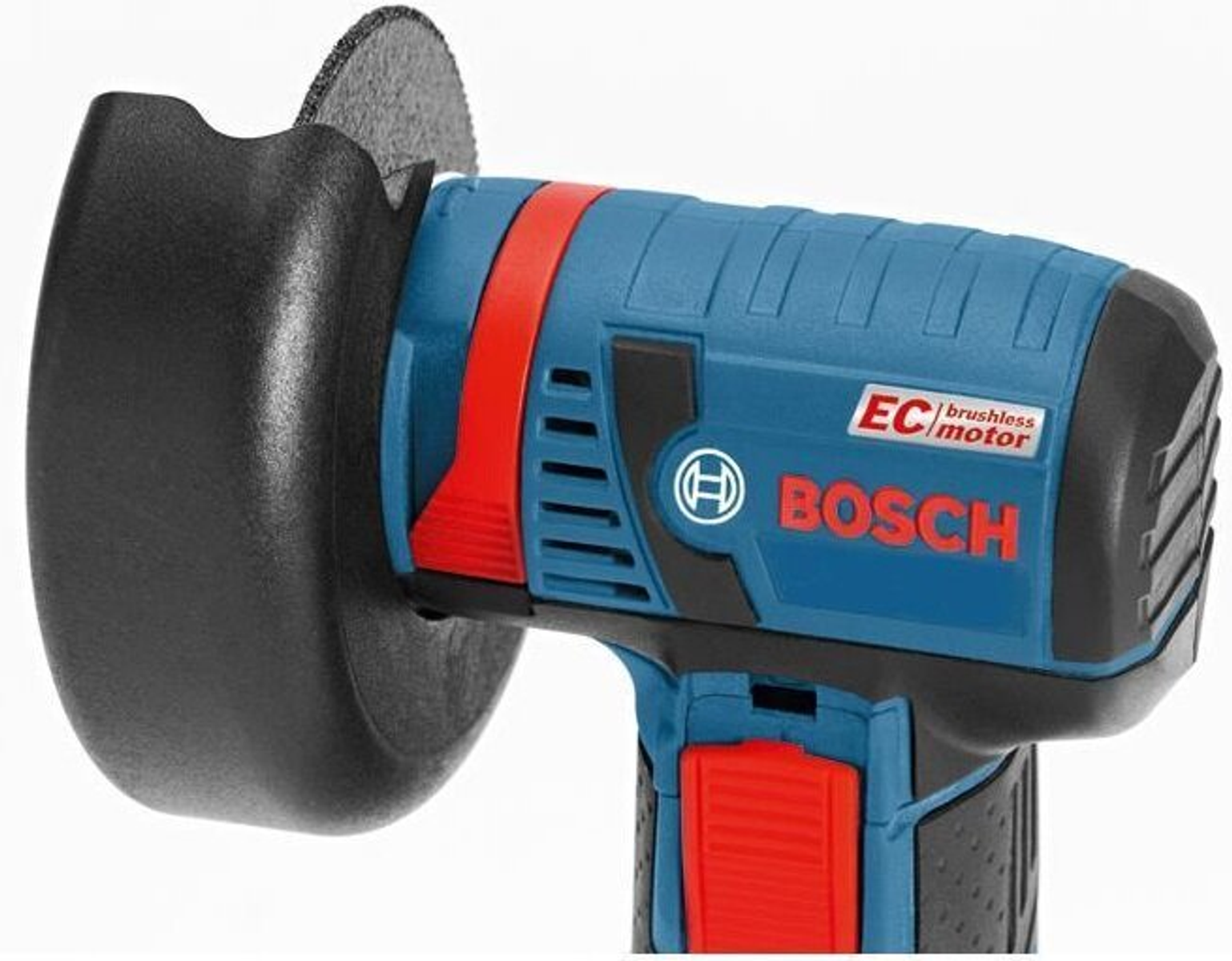 Niebieska i czerwona szlifierka kątowa Bosch, z czarną osłoną i tarczą szlifierską.