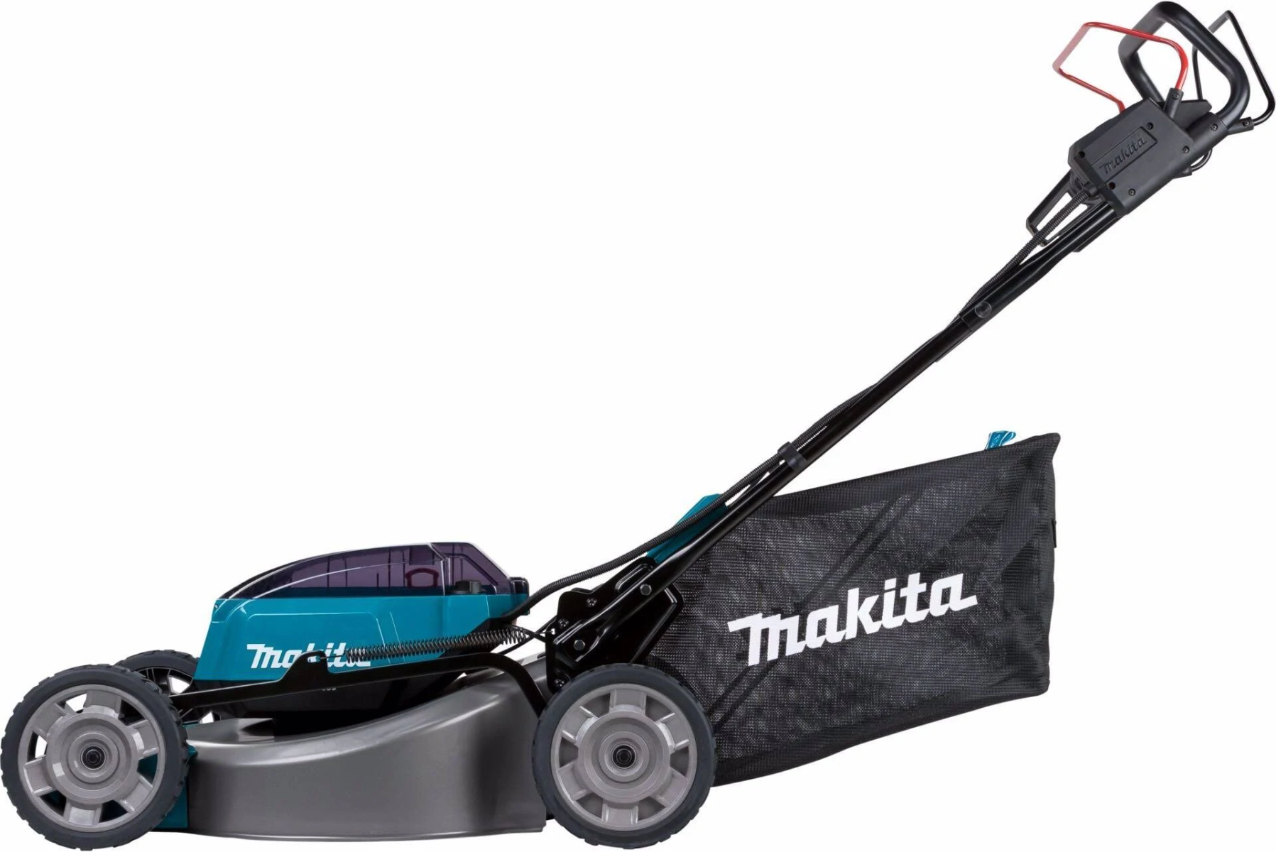 Cortacésped turquesa y negro con bolsa negra sobre fondo blanco.