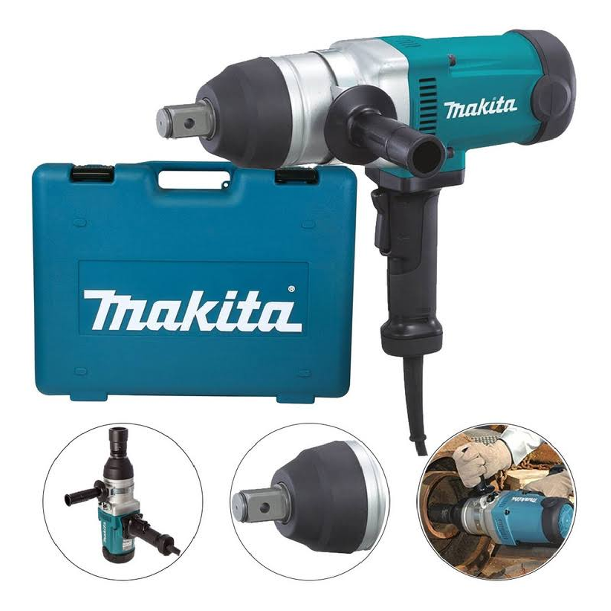 Una chiave a percussione Makita con custodia e immagini aggiuntive dell'utensile in uso.