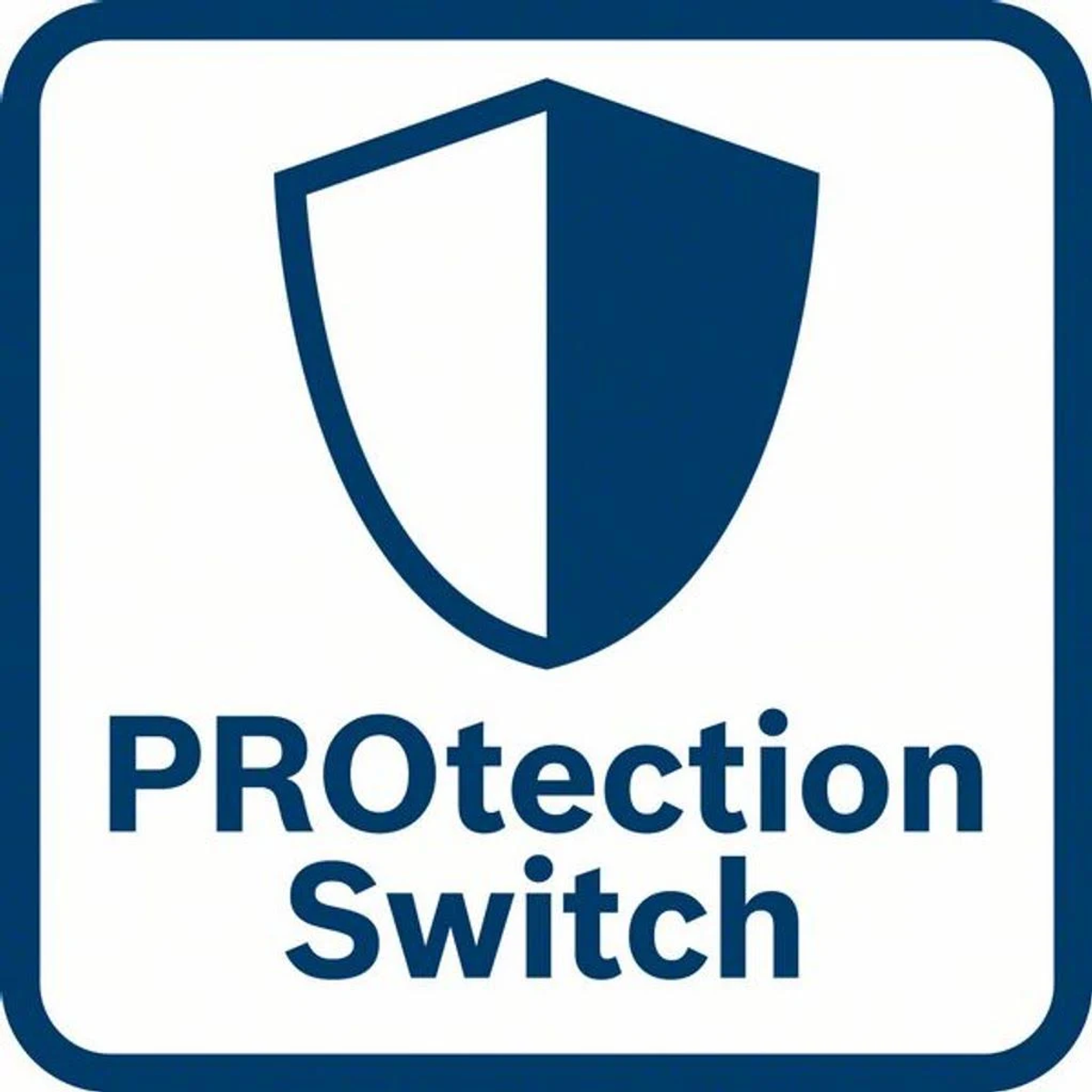 Beyaz bir kalkan sembolü ve siyah renkte 'Protection Switch' kelimeleri olan mavi bir kare.