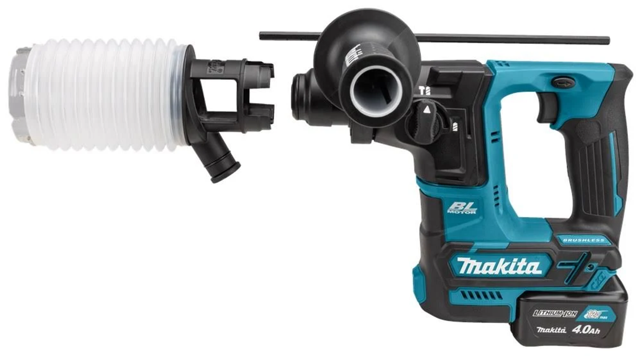 Taladro percutor Makita turquesa y negro con accesorio de aspiración. Batería conectada.