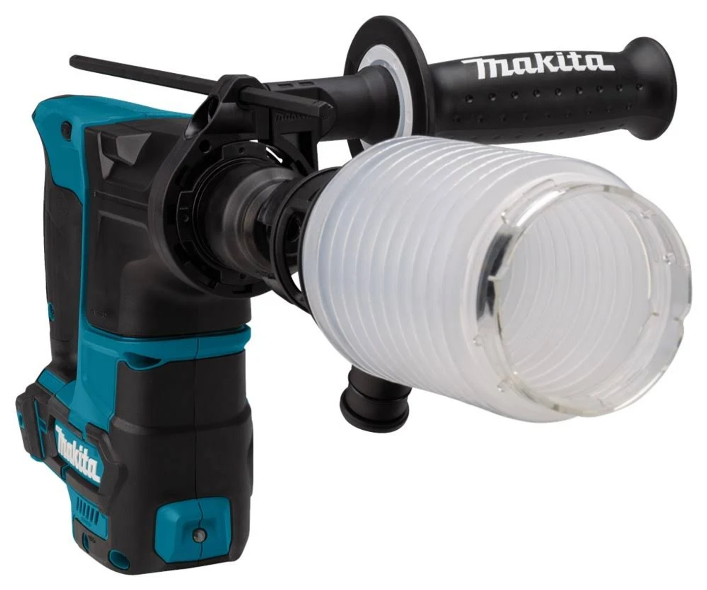 Taladro percutor Makita con extractor de polvo transparente, diseño turquesa y negro.