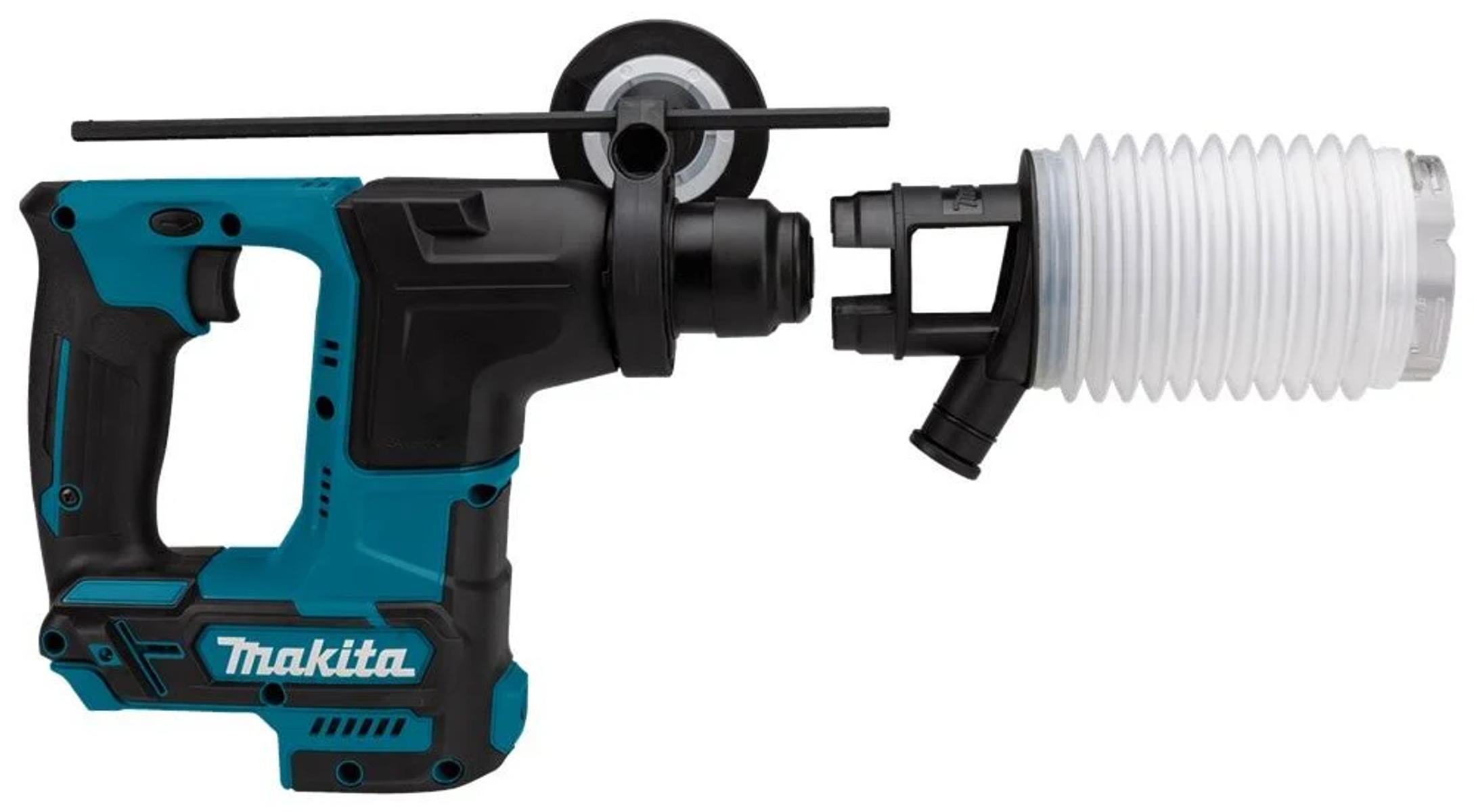 Un taladro Makita turquesa y negro con accesorio de vacío, broca y botella.