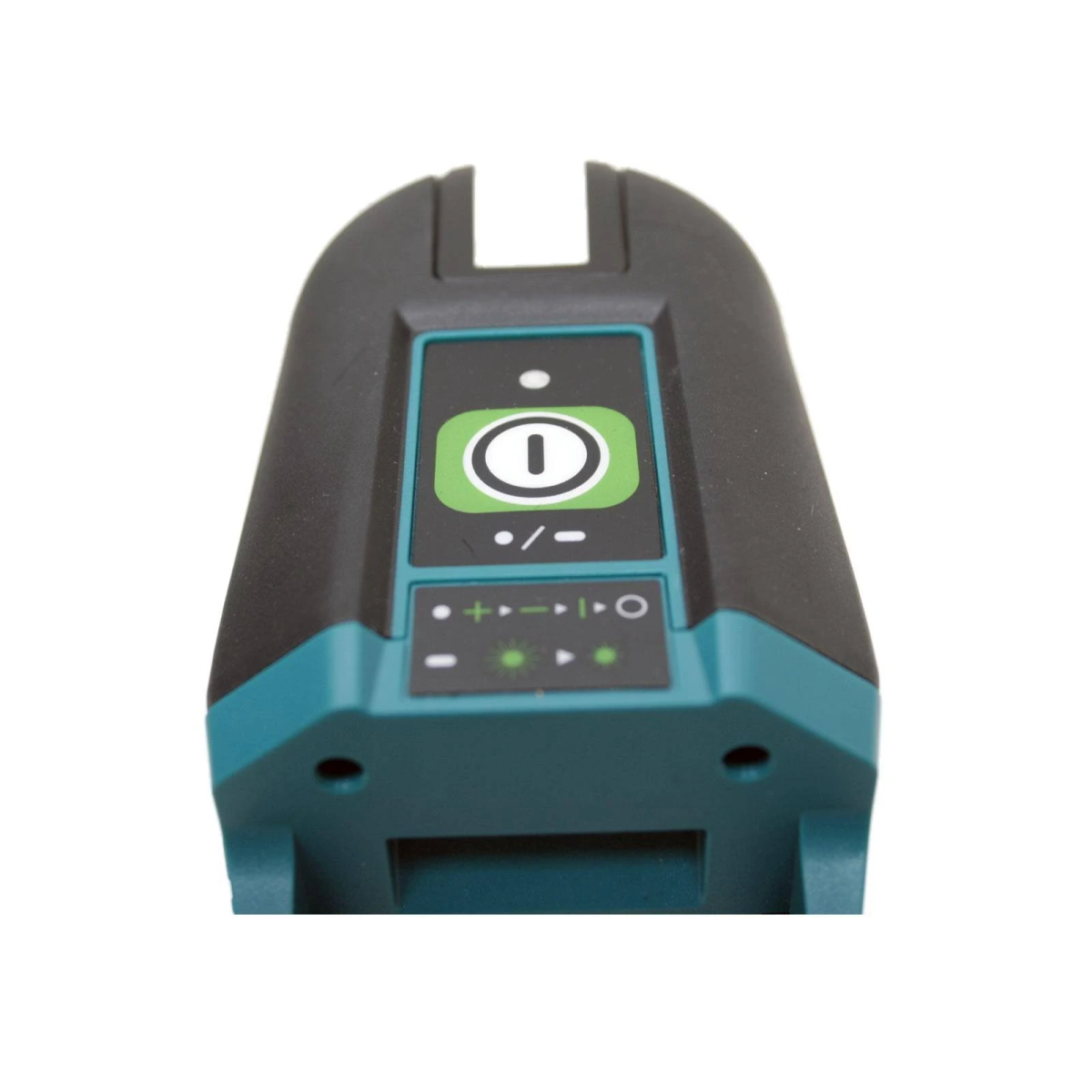 Czarno-turkusowa ładowarka do akumulatorów. Ma przycisk zasilania i kilka zielonych lampek kontrolnych.