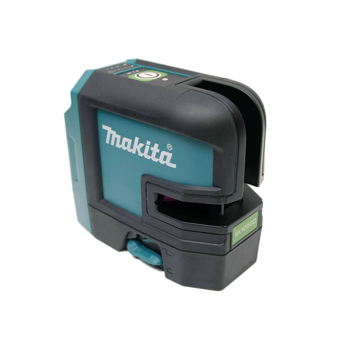 Turkusowo-czarny poziomica laserowa Makita na białej powierzchni, z zielonym przyciskiem i czarnym wierzchem.