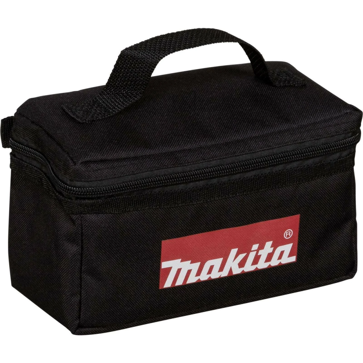 Czarna torba na narzędzia Makita z czerwono-białym logo Makita. Kwadratowa, z zamkiem błyskawicznym.
