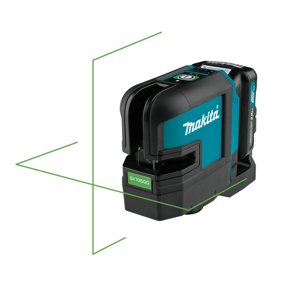 Poziomica laserowa Makita, czarna i turkusowa, z zielonymi liniami laserowymi.