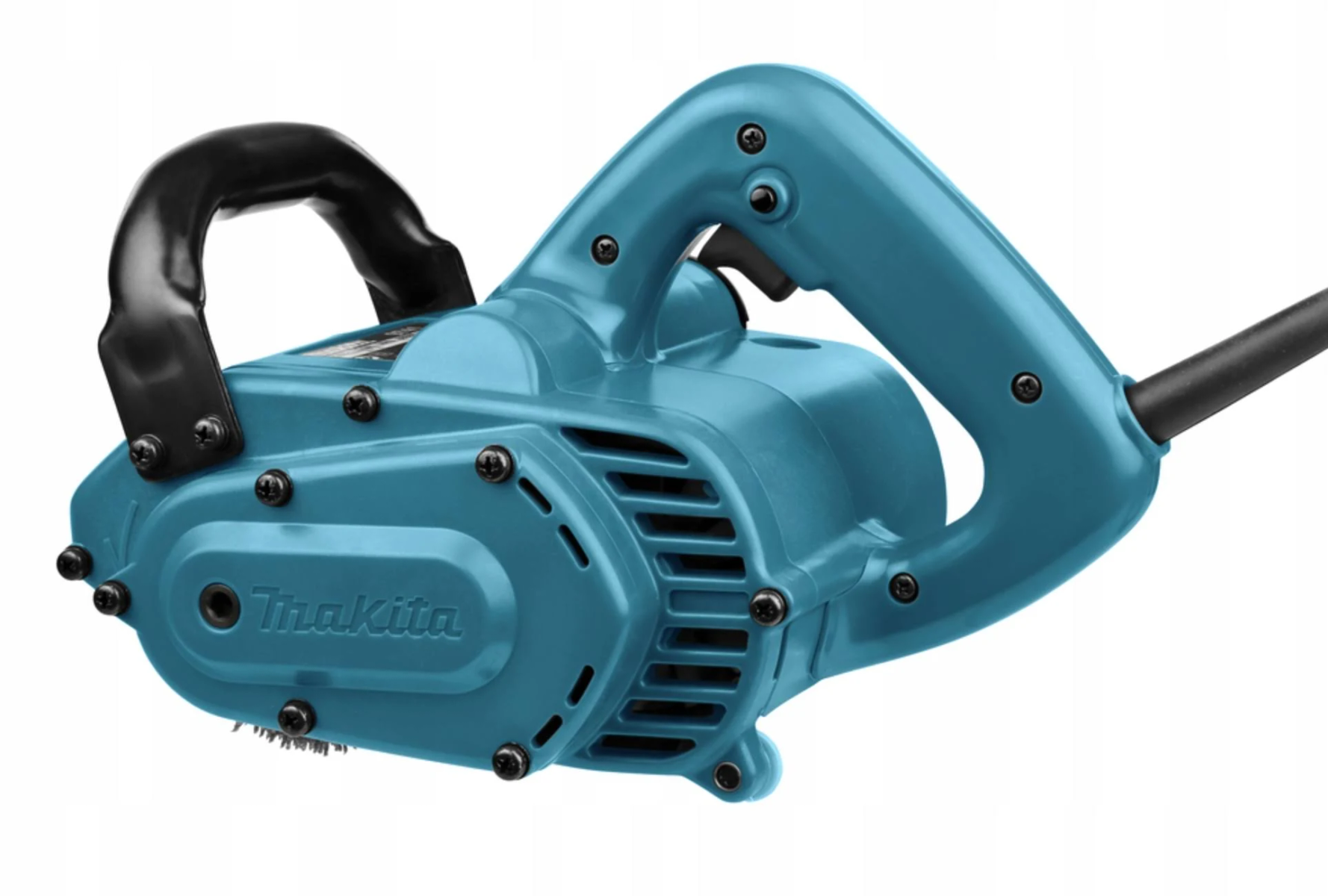 Ein türkisfarbenes Makita-Werkzeug mit schwarzem Griff. Es hat eine zylindrische Form und einen schwarzen Griff hinten.
