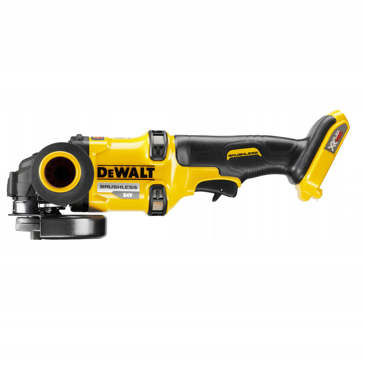 Amoladora angular DeWalt amarilla sobre fondo blanco.