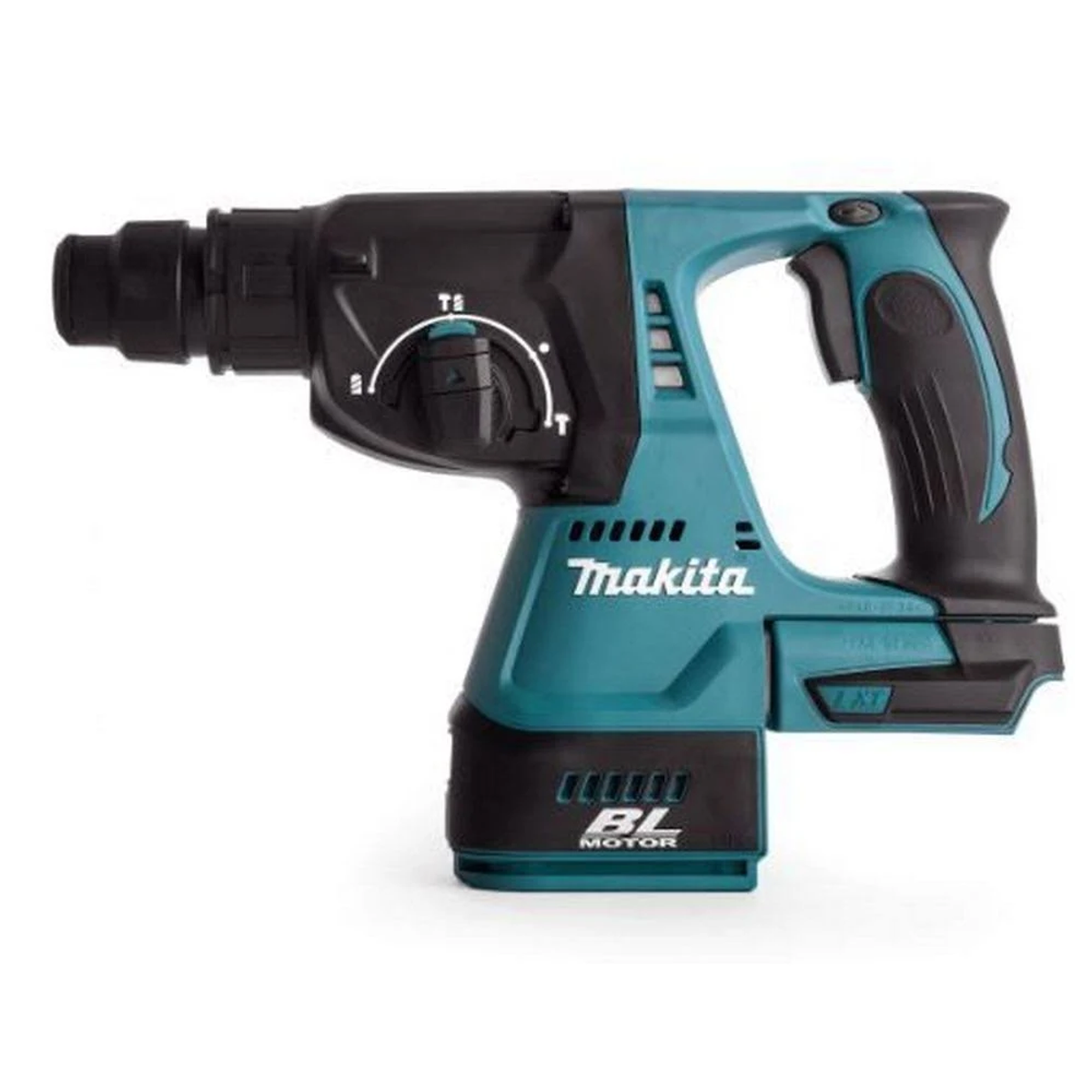 Un martillo rotativo Makita turquesa y negro. Tiene un mango negro y la marca es visible en el lateral.