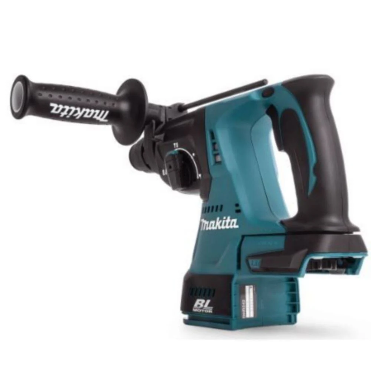 Taladro percutor Makita con diseño turquesa y negro, mango negro y etiqueta del motor BL.
