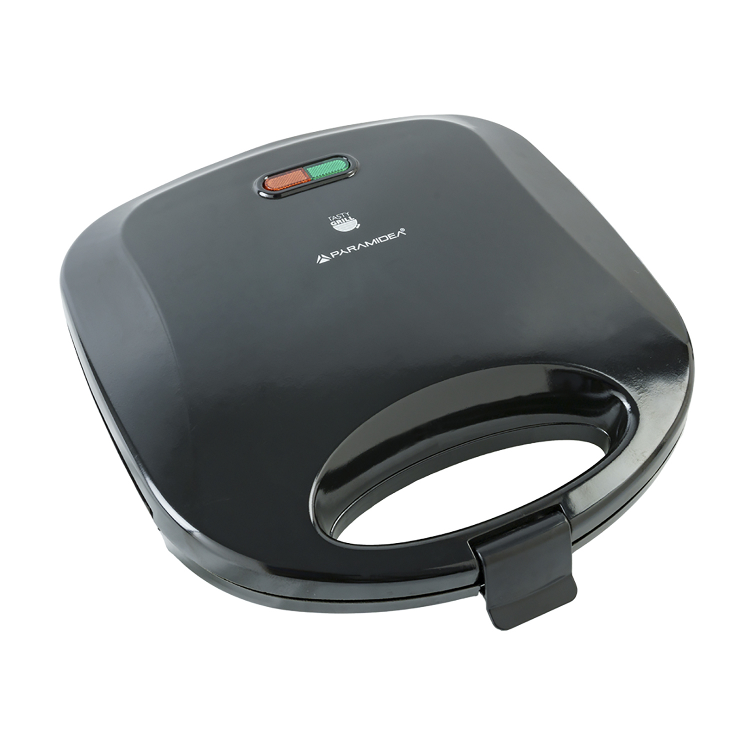 Una macchina per waffle nera con manico, indicatore luminoso rosso/verde e logo Paramidea.