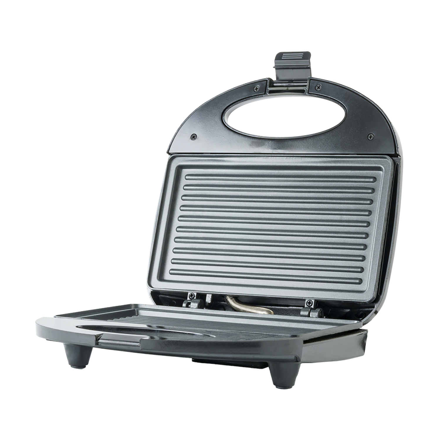Sandwich maker nero aperto. Le piastre della griglia sono visibili all'interno.