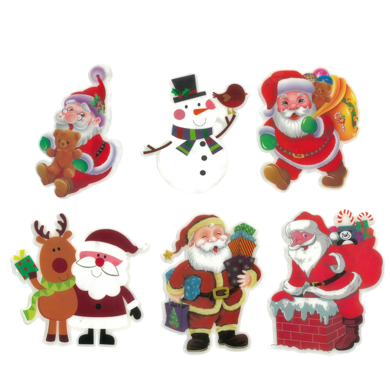 Sei adesivi natalizi di Babbo Natale, pupazzo di neve e renna. Sfondo bianco.