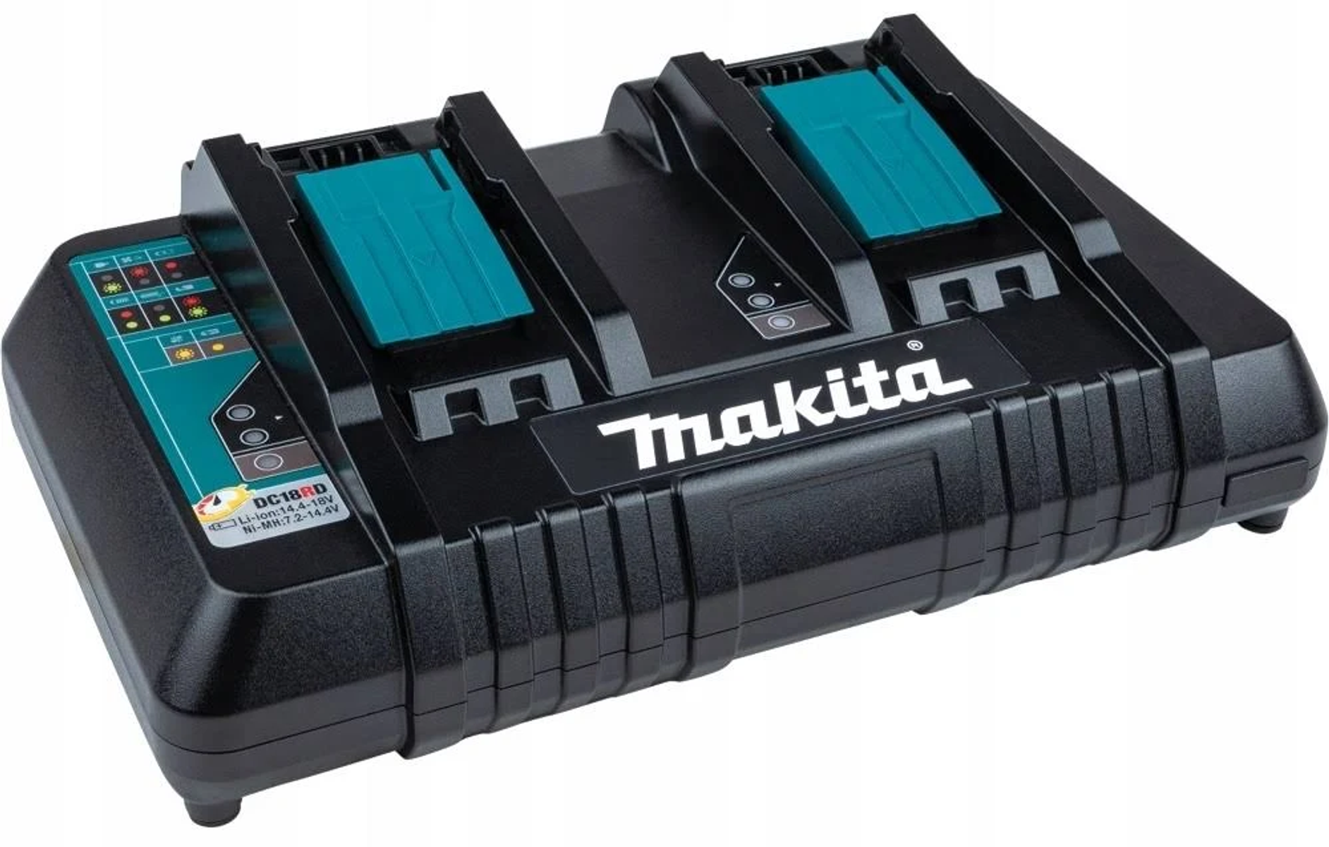 Un cargador Makita negro con dos ranuras de batería de color verde azulado, el nombre de la marca es blanco.