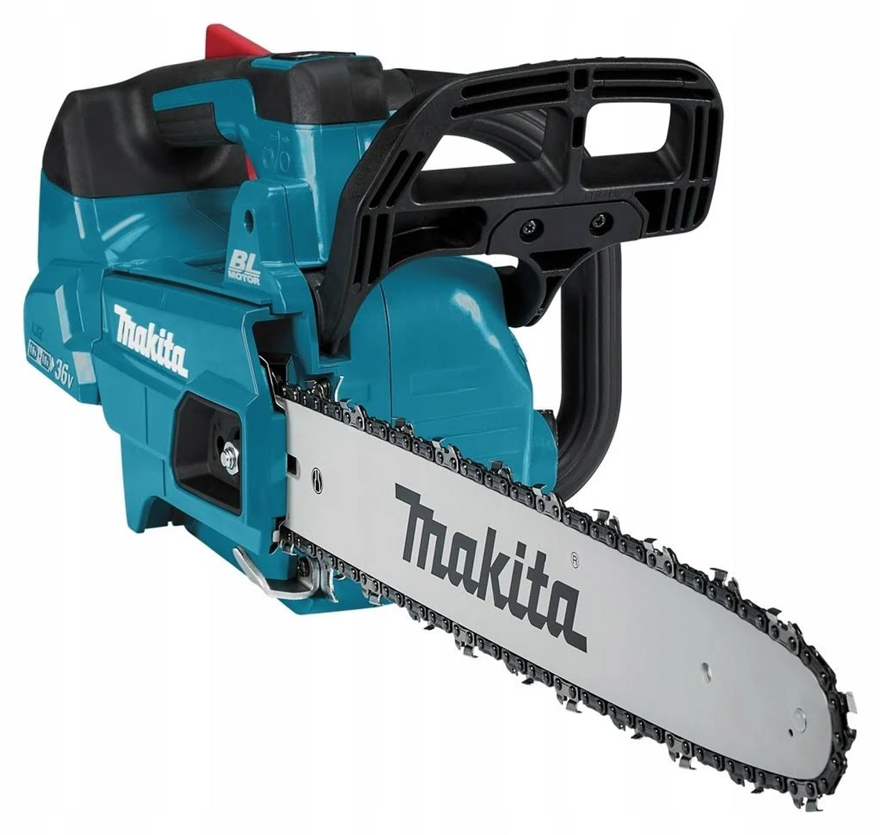 Una motosierra Makita inalámbrica, azul y negra. La sierra está sobre un fondo blanco.