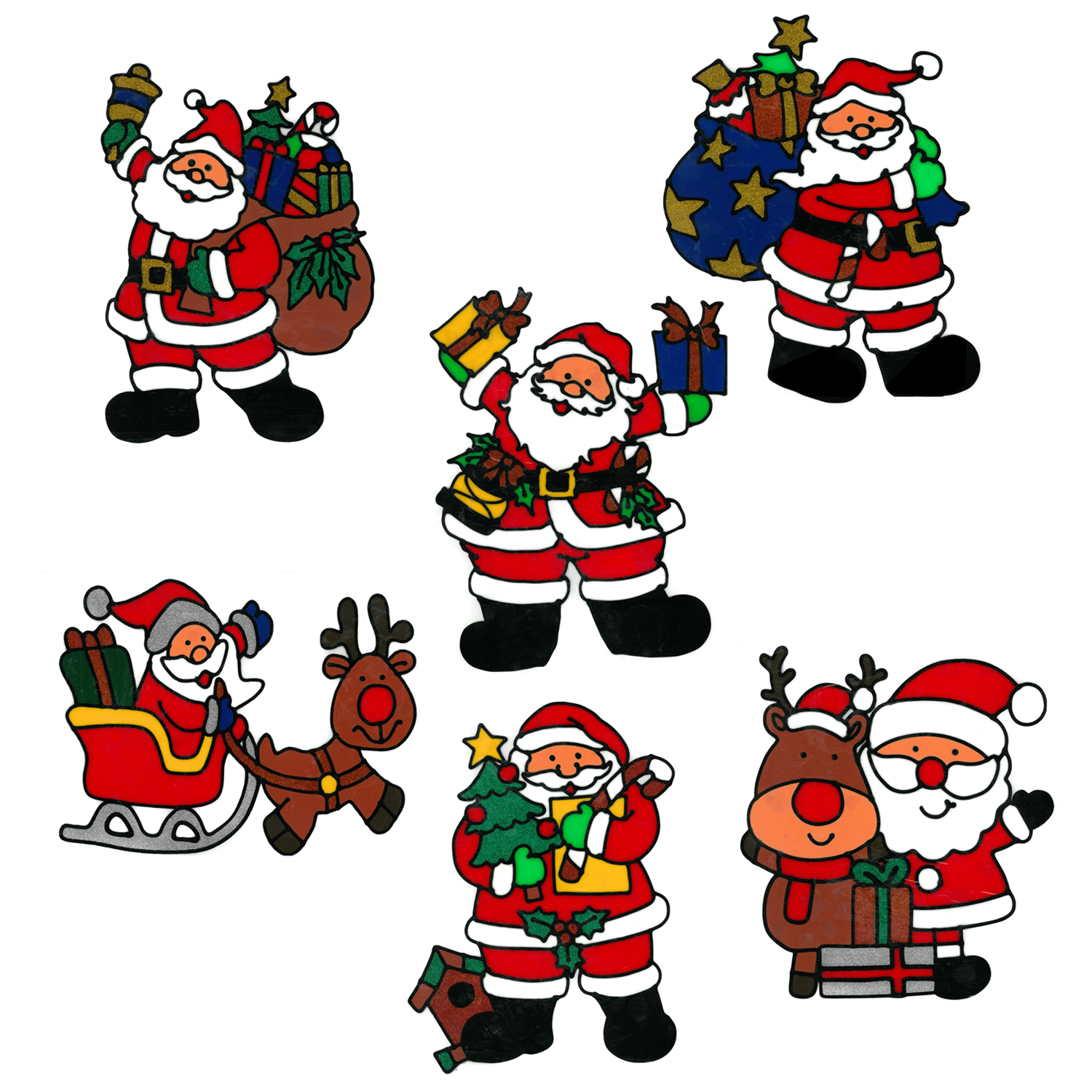 Set di decorazioni natalizie per finestre con Babbo Natale e renne. Varie pose e regali.