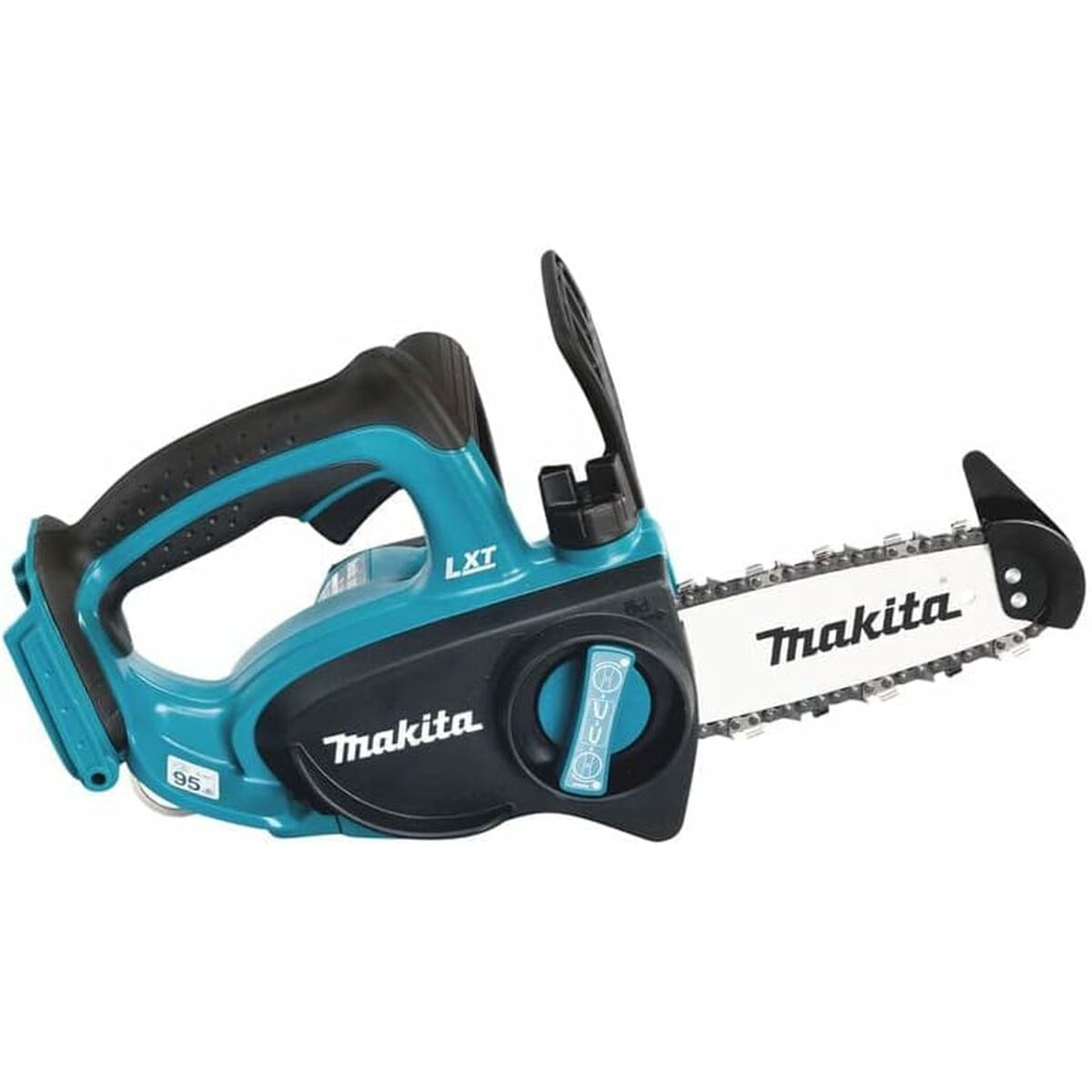 Une tronçonneuse noire et turquoise sur fond blanc. Elle est alimentée par batterie.